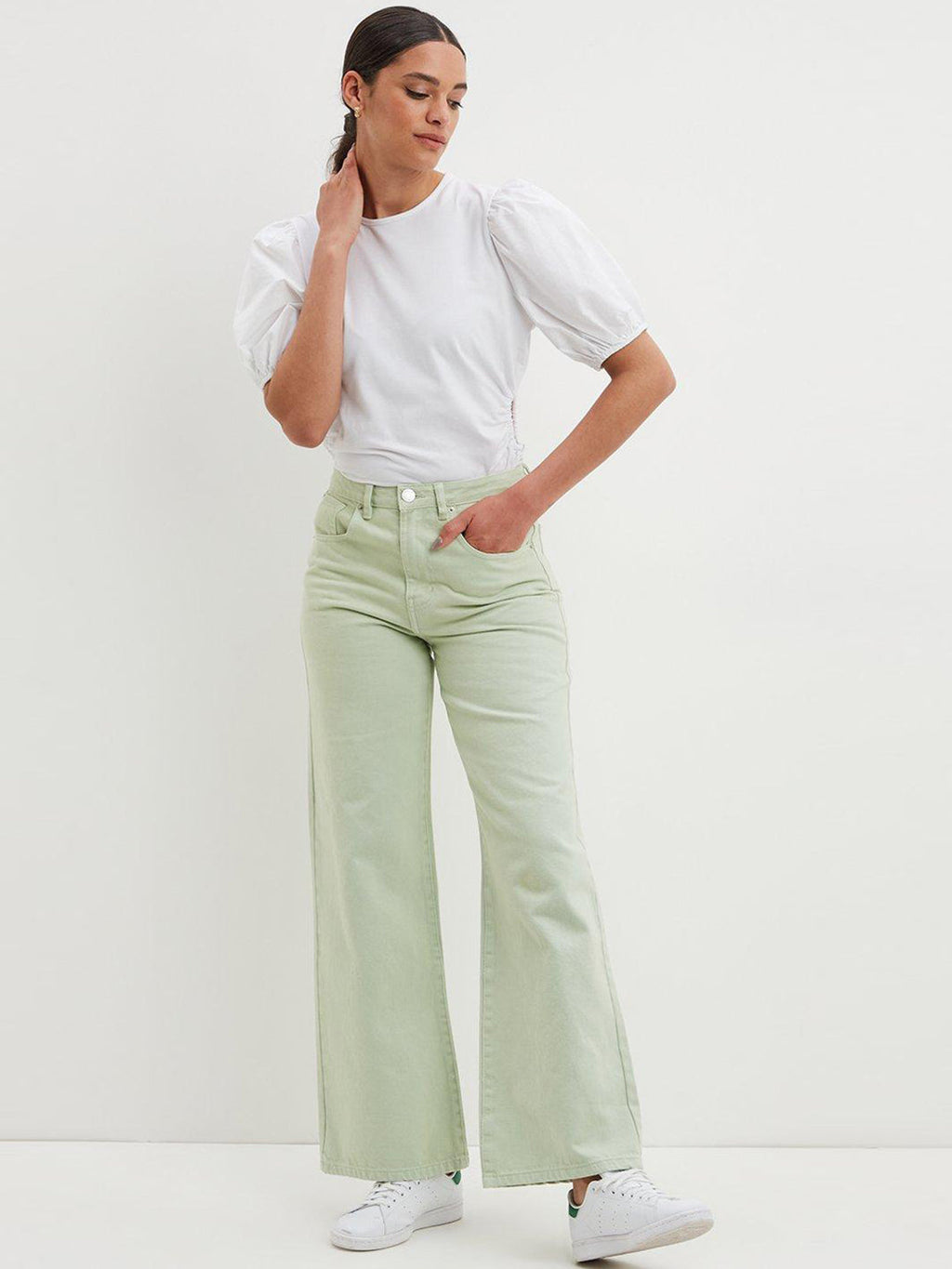 Women Mint Green Cotton Wide Leg Jeans